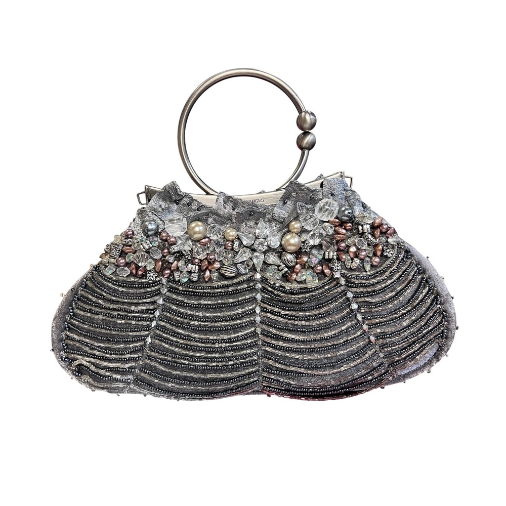 Mary Frances Beaded Evening Clutch Women OS Silver‎ Excellent Pearl Crystal Bag